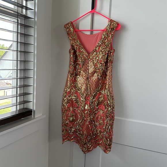 Goddiva London Coral and Gold sequin dress - Picture 2 of 6